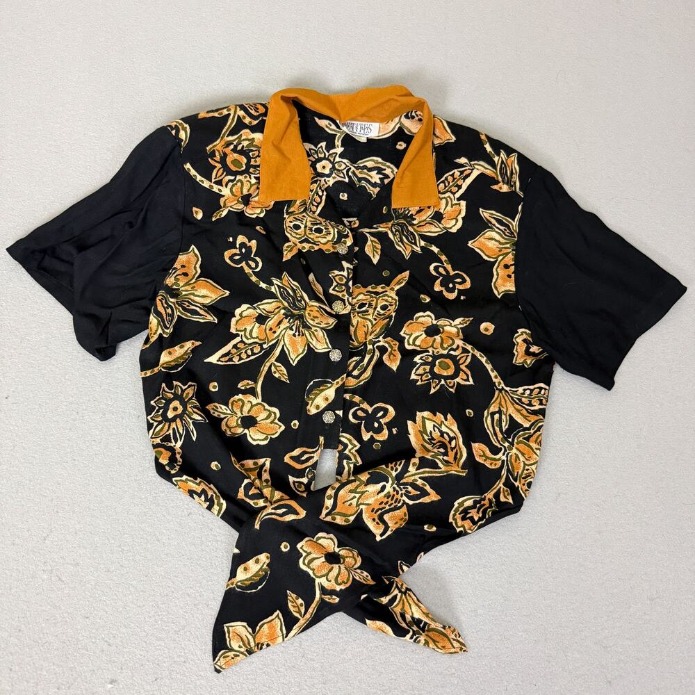 Pessax Sharsh Anthony Rayon Floral Tie Front Blouse Black Orange Top